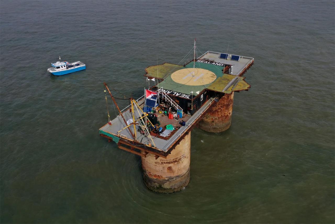 Aerial view of Sealand — the former WWII sea fort turned micronation, 12 km off the English coast